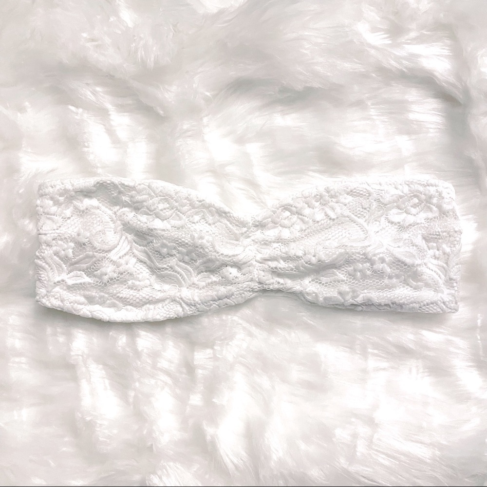 White lace strapless bralette with strappy back